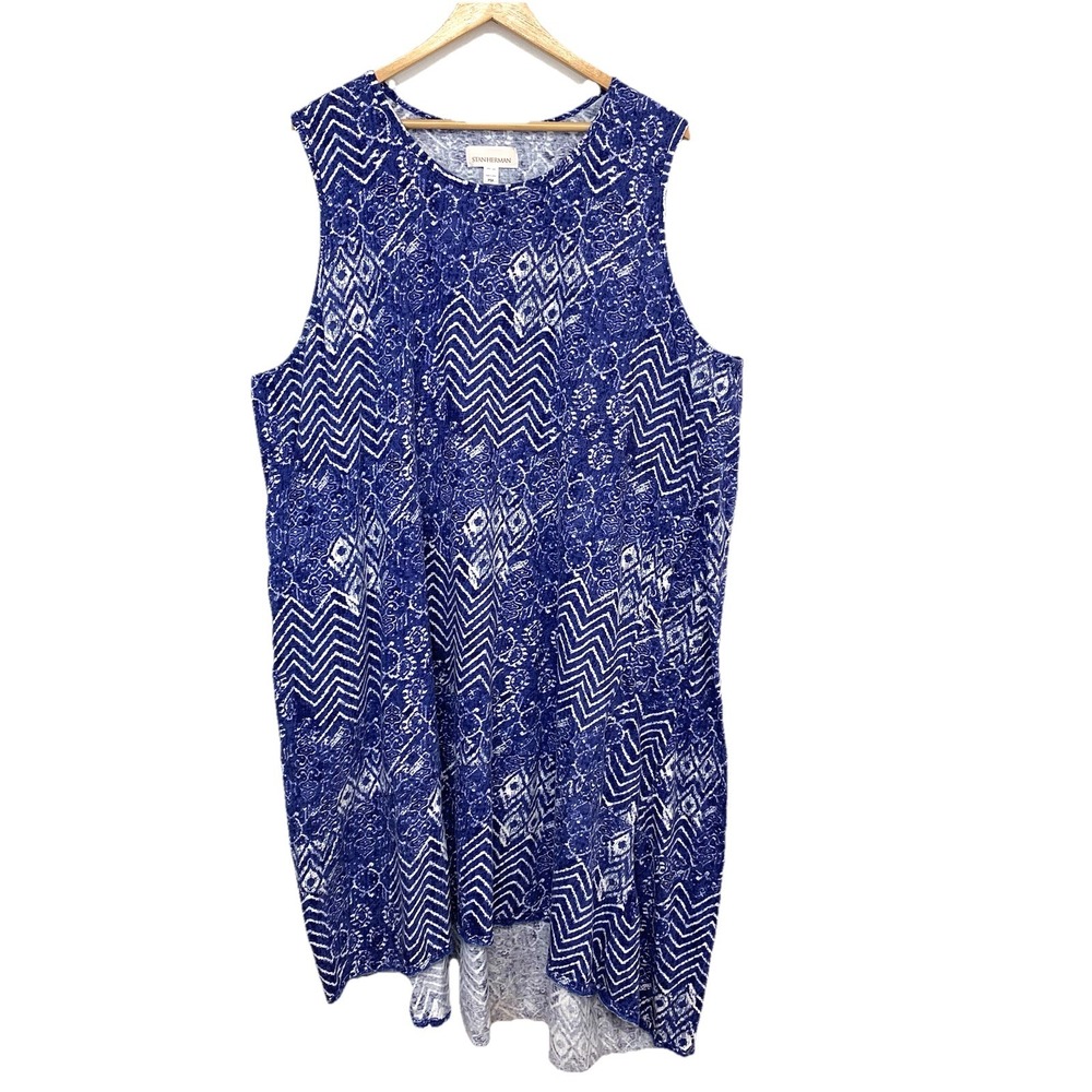 Stan Herman Cotton Shift Dress 3X Petite Blue Print Pockets Sleeveless‎ Vacation